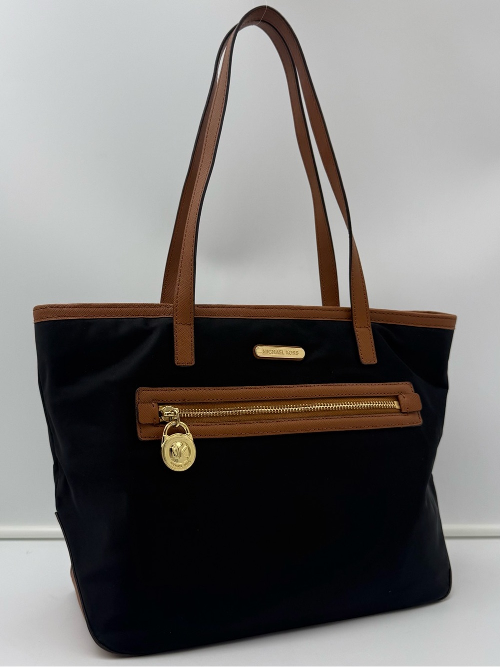 MICHAEL KORS • Black Nylon w/ Brown Leather Trim 30 Shoulder Tote Bag